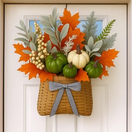 Dingion Fall Pumpkins Front Door Basket Hanging Autumn Hanger Basket Wreath with Artificial Eucalyptus Leaves Pumpkins Berries Maples Leaf Farmhouse Harvest Decorations for Front Door Windows