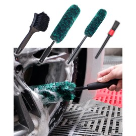 oesee Professional 4 Pack Long Handle Wheel Brush Kit for Cleaning Wheel and Tire- 2X Soft Wheel Cleaning Brush, Detailing Brush and Stiff Tire Brush, Bendable& Durable Wheel Rim Cleaner Brush Set