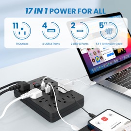 JouleLoom Power Strip Surge Protector with 11 Outlets, 4 USB and 2 USB C Ports, 5 Ft Extension Cord, Flat Plug, Wall Mount, Overload Protection Desk USB Charging Station for Home, Office（Black）