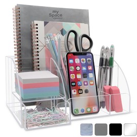 My Space Organizers Clear Acrylic Desk Oganizer, 9 Compartments, Office Supplies and Desk Accessories Organizer, Home Decor Desktop Organizer (Clear)
