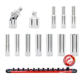 12-Piece 1/4" Drive SAE Long Socket Set 3/16" - 9/16" with 1 Piece Magnetic Organizer Rail Rack, Premium 6-Point Deep Socket Assortment with 3/8" to 1/4" Adapter and 1/4" Universal Joint (Red)
