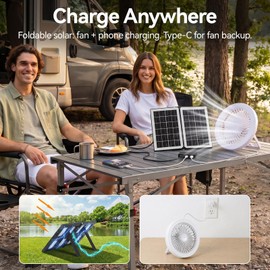 Solar Fan with Light, Outdoor Ceiling Fan with Light & Remote, 9 Inch Portable Camping Fan Rechargeable, 3 Speeds 30dB, 3CCT, Type-C/Solar Charging, Foldable Solar Panel Powered Fan for Tent Desk