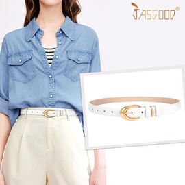 JASGOOD 2 Pack Women Leather Belt for Jeans Pants Fashion Ladies Skinny Faux Leather Dress Belt with Gold Buckle(Black+White)