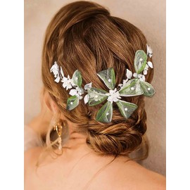 Campsis Wedding Hair Vine for Bridal Grenn Crystals Bride Headpiece Flower Wedding Hair Accessories for Women Prom Birthday