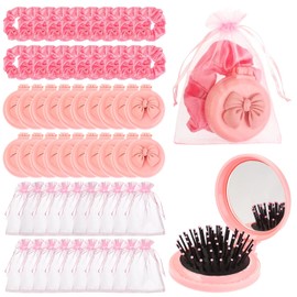 20 Sets De Recuerdos De Fiesta Con Lazo Rosa: 20 Espejos Plegables Con Lazo Rosa, Cepillos Para El Cabello(Mini Cepillo De Viaje) 20 Coleteros Y Diademas De Satén, 24 Bolsitas De Organza. Ide