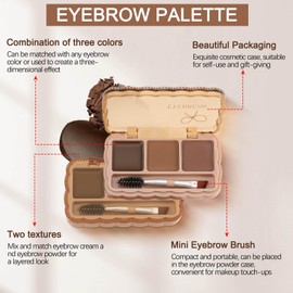 Boobeen Eyebrow Palette, 3 Colors Brow Powder Kit, Eye Brow Pomade with Double-ended Brush, Long-lasting Eye Makeup Kit, Sculpt & Define Brows, for Beginners