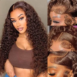 Chocolate Brown Lace Front Wigs Human Hair Pre Plucked 180 Density Brazilian Wet and Wavy Human Hair Wigs for Black Women Colored Curly 13x4 Lace Frontal Wig (Brown Color, 26 Inch)