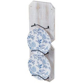 MyGift Wall Plate Holders, Wall Mounted Shabby White Washed Solid Wood and Black Metal Wire Plate Display Holder, Holds 8 inch Plates