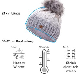 Faera Winter Hat - Warm Lined Faux Fur Bobble Hat - Fleece Lining - Winter Knitted Beanie Hat - Unisex, One Size - Light grey