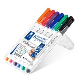 STAEDTLER Lumocolor Whiteboard Pen, Line Width Approx. 1 mm, Wipes Dry and Residue-Free, Quick-Drying, Staedtler Box with 6 Colours Including Whiteboard Sponge, 301 WP6P1X