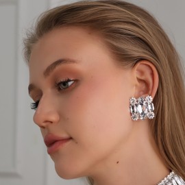 XSBODY Sparkly Rhinestone Clip On Earrings for Women Trendy Jewelry Statement Square Earrings No Piercing Earring for Wedding Party Prom Gift