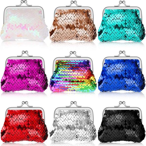 Boao 9 Pieces Sequin Coin Purses Reversible Sequins Mini Wallets Magic Flip Sequins Wallets Purses for Party Favors Gifts