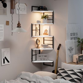 WFSRESTD Floating Corner Shelves with Light - 5 Tiers Metal Corner Shelf Wall Mounted for Bedroom Living Room Office Kitchen, Easy-to-Assemble Corner Wall Shelves, White