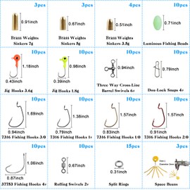 138pcs Fishing Accessories Set with Tackle Box Including Offset Worm Hooks, Jig Head Hooks,Barrel Swivel Snaps, Copper Weights, Space Beans,Beads for Saltwater and Freshwater