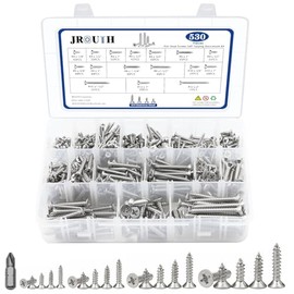 Juego de 530 tornillos para madera de acero inoxidable #4#6#8#10#12 Phillips de cabeza plana para chapa metálica, tornillos autorroscantes, kit surtido, longitud de 1/4" a 2"