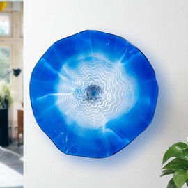 Mermiviok Hand Blown Glass Wall Art Plate, Unique Murano Glass Wall Art Decor, Dia 12-Inch Modern Transparent Wall Art Plate for Staircase, Living Room, Kitchen, Hallway (Blue)