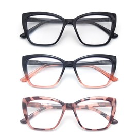 3-Pack Reading Glasses for Women Stylish Oprah Cat-Eye Spring Hinge Clear Lenses Readers Anti Eyestrain, Black Black-Pink Pink-Dot 1.0 x