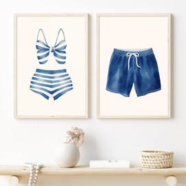 Taedfalesy Vintage Swimsuit Wall Art Bathing Suit Artwork Navy Blue White Canvas Swimwear Wall Art Vintage Swim Print Coastal Beach Painting 16x24inx2 No Frame