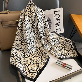 FEIBOON 100% Pure Mulberry Silk Scarfs 27"x27" Square Scarf Women Neckerchief Headscarf hair scarf bandana Gift Packed (Black Geometry)