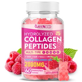 MEENCCD Hydrolyzed Collagen Peptides Gummies for Women & Men, Multi-Collagen Type I,II,III,V,X with Biotin, Hyaluronic Acid, Zinc, Vitamin C, E - Skin, Hair, Nails, Raspberry Flavor, 60 Count