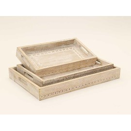 Set of Three 12" White Rectangular Solid Wood Abstract Handmade Serving Tray with Handles