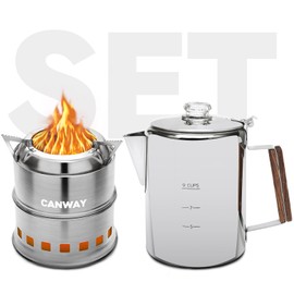 CANWAY Portable Camping Stove & Percolator Coffee Pot Set for Backpacking Hiking Stainless Steel Mini Wood Burning Stove 9 CUP Camping Stovetop Coffee Maker Outdoor Home with Carry Bag