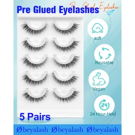 Waterproof Self Adhesive Eyelashes, Cat Eye 6-14mm, 5 Pairs Natural Look Self Adhesive Eyelashes, Pre Glued Lashes, No Glue Needed, Wispy Fake Lashes Reusable and Comfortable by Obeyalash (6D09)