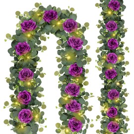 MACTING 2 Pack 13.2FT Eucalyptus Garland with Lights - Spring Gypsophila Flower Garlands with 24 Purple Roses Artificial Floral Greenery Vines for Arch Table Centerpieces Backdrop Party Wedding Decor