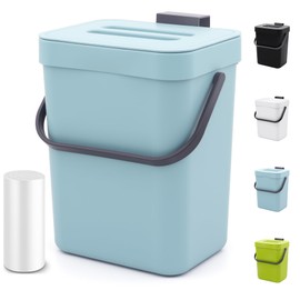 MONGTINGLU 1.3 Gallon Small Trash Can with Lid - Countertop Food Waste Bin, Kitchen Hanging Trash Can for Cabinet Door/Under Sink, Small Garbage Can for Desk, 5L(Subtle Blue)