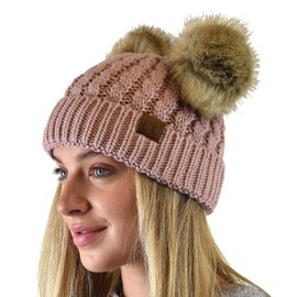 C.C 2 Ear Pom Pom Cable Knit Soft Stretch Cuff Skully Beanie Hat, Faux Fur Rose