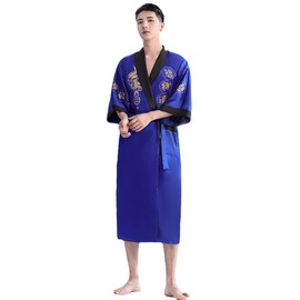 EXPOING Robe for Men Dragon Embroidered Silk Satin Yukata Pajamas Kimono Bathrobe Sleepwear Night Gown, Sapphire Blue, One Size