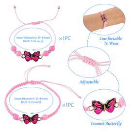 Elecrelive 2 pcs Butterfly Friendship Bracelet for Women Adjustable Braided Rope Butterfly Bracelet Handmade Braided Bracelet with Alloy Butterfly Charms Crystal Beads for Best Friends Sister (Pink),