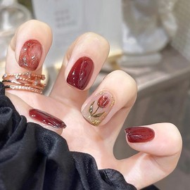 Wine Red Press on Nails Short Square Fake Nails Fall Nails with Rose Design Full Cover False Nails Glossy Acrylic Nails Jelly Press on Nails Stick on Nails for Women Girls Autumn Manicure 24Pcs