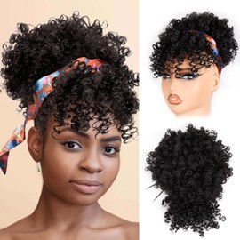 builson Drawstring Ponytail for Black Women, Afro Puff Kinky Curly Hair Ponytail Extension with Bangs Black Updo Natural Hair Ponytail (1B Natural Black)