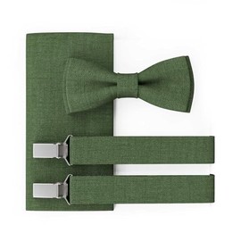 MAY-TIE Herren Fliege Set | Hochzeitsfliege vegan vorgebunden | Leinen Fliege in Dunkelr√ºn | Optional mit Einstecktuch & Hosentr√§ger | Large Batwing