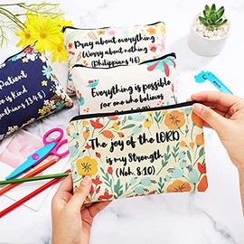 Outus - 4 bolsas para lápices con versículo bíblico cristiano, estuche de lápices de escritura floral, bolsa de maquillaje de lona inspiradora de 8.7 
