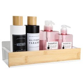 Wall Mount Organizer,Adhesive Metal Shelf with Bamboo Lip,Bathroom Shelves for Wall,Self Adhesive Organizer,Shower Caddies,No Drilling Stick-on Wall Rack,for Bathroom,Kitchen,Living Room (White)