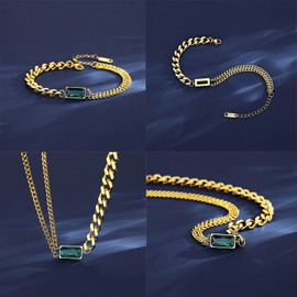 OIDEA Women's Cuban Necklace Bracelet: Set of 2 Chain & Bracelet Made of Stainless Steel Gold-Plated with Zirconia Green Simple Modern Elegance Jewellery Gift for Women Mother Daughter Girlfriend,