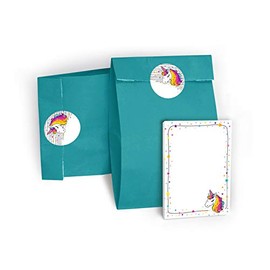 JuNa-Experten Children's Birthday Party Bag Set of 12 Gift Bags + 12 Stickers + 12 Mini Blocks Unicorn / Party Bags Guest Gifts Children Girls Notepad