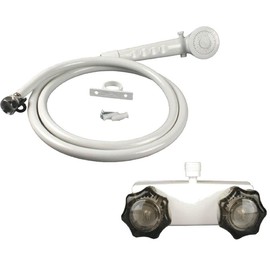 RV/Mobile Home White Shower Faucet with Smoke Handles and Hand-Held Shower Combo Set