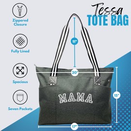 Brooke & Jess Designs Sports Mom Large Zippered Tote Bag with Pockets for Women (Mama Varsity Tessa Black)