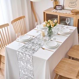 CHUQING Silver Table Runner Roll,Glitter Silver Thin Mesh Table Runner 11x108 Inches,Silver Table Decorations for Event Party,Birthdays, Baby Shower,Wedding, Valentine's Day, Christmas