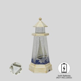 Lighthouse Water Spinner Coastal Acrylic LED Light-Up Decoration with Moving Glitter Battery Operated Nautical Tabletop Lamp (3xAA Batteries Not Included)