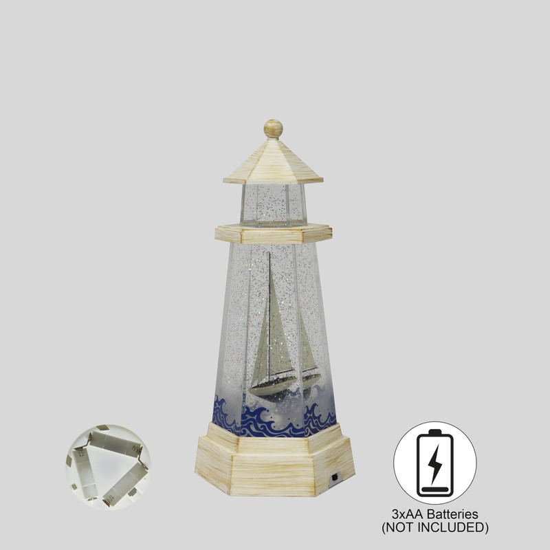 Lighthouse Water Spinner Coastal Acrylic LED Light-Up Decoration with Moving