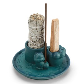 Handmade Cute Palo Santo Holder-4 in 1 Insence-Stick Holder, Sage Holder for Burning, Incense Burner Holder with Ash Catcher for Meditation, Yoga, and Home Décor-Blue Cat