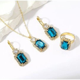 For Women Blue Water Jewelry Set Pendant Necklace & Drop Hook Earrings & Ring