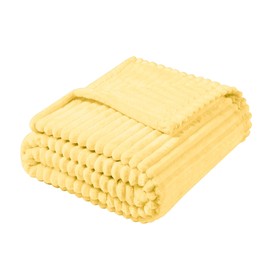Vessia Flannel Fleece Throw Blanket, 300GSM Cozy Light Yellow Striped Throw Blanket for Couch, Sofa and Bed, Warm and Soft Cozy Pale Yellow Microfiber Ribbed Blanket for All Season