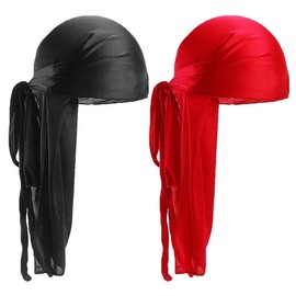 Clysburtuony 2 Pcs Silky Durag Cap Velvet Durag for Men and Women Perfect for 360 Waves Durag do doo du rag Long Tail Headwrap Pirate Cap Black/Red