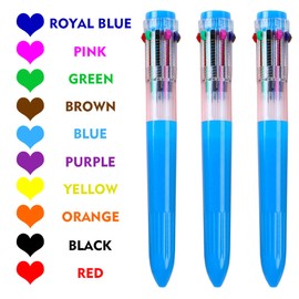 HeTaoCat Multicolor Pens 3 Pack 0.5mm 10-in-1 Retractable Ballpoint Pens - 10 Colors Transparent Barrel Ballpoint Pen for Office Supplies (Blue)