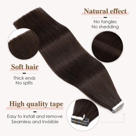 TESS Tape in Hair Extensions Real Human Hair 10 PCS #02 Dark Brown - 18 Inch Seamless Invisible Extension Weft Straight 25g